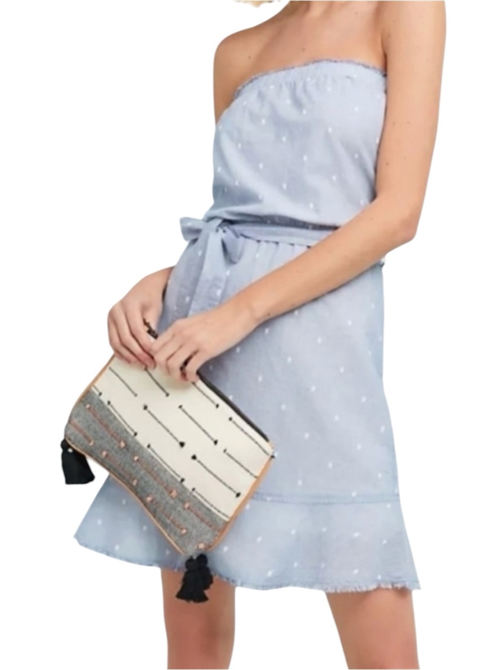 Cloth & Stone Strapless Waist Tie Ruffle Hem Textured Dotted Mini Dress